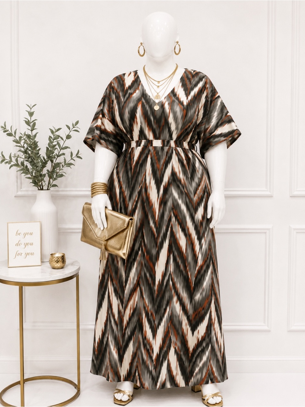 Roman’s Chevron Cold-Shoulder Maxi Dress in Gray, Orange & White
